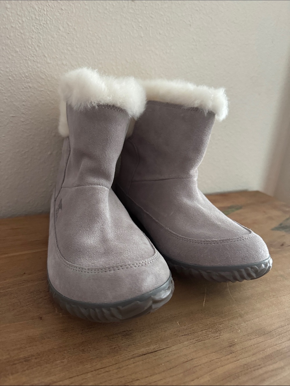 Sorel Gray Suede Winter Boots with White Faux Fur Cuff